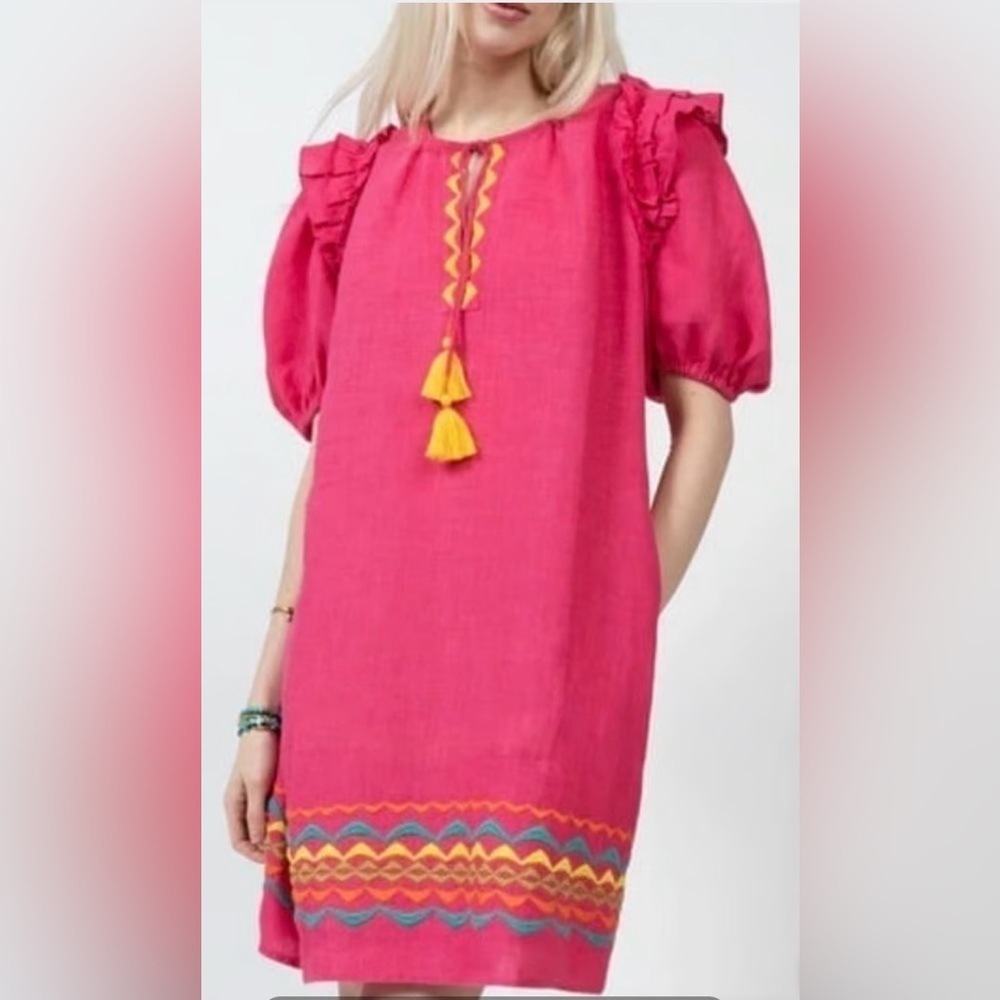 Uncle Frank Anthropology Women's Pink Embroidered Sheath Dress Tassel Boho